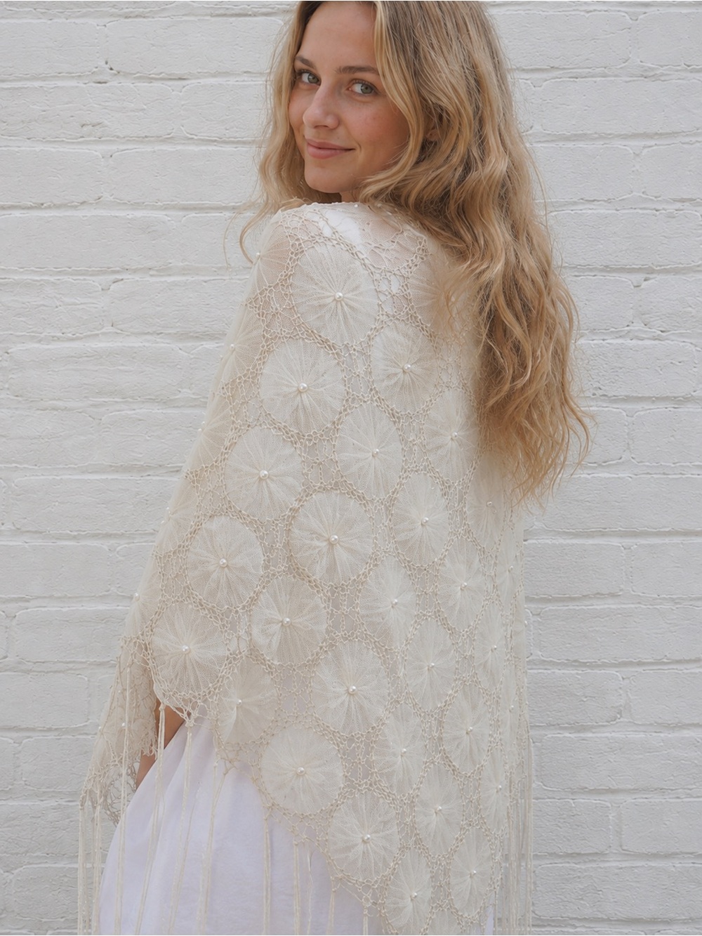 Vintage Beige Lace Fringe Shawl Floral Mesh Wedding Crochet Wrap Cottagecore 60s